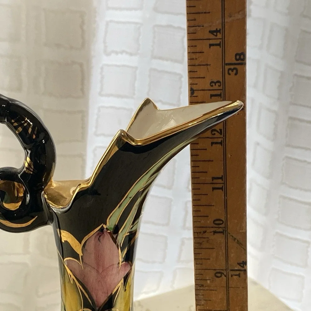 Elegant Hubert Bequet Hand Painted Black Gold Pitcher/Ewer/Vase Belgium Mid Cent